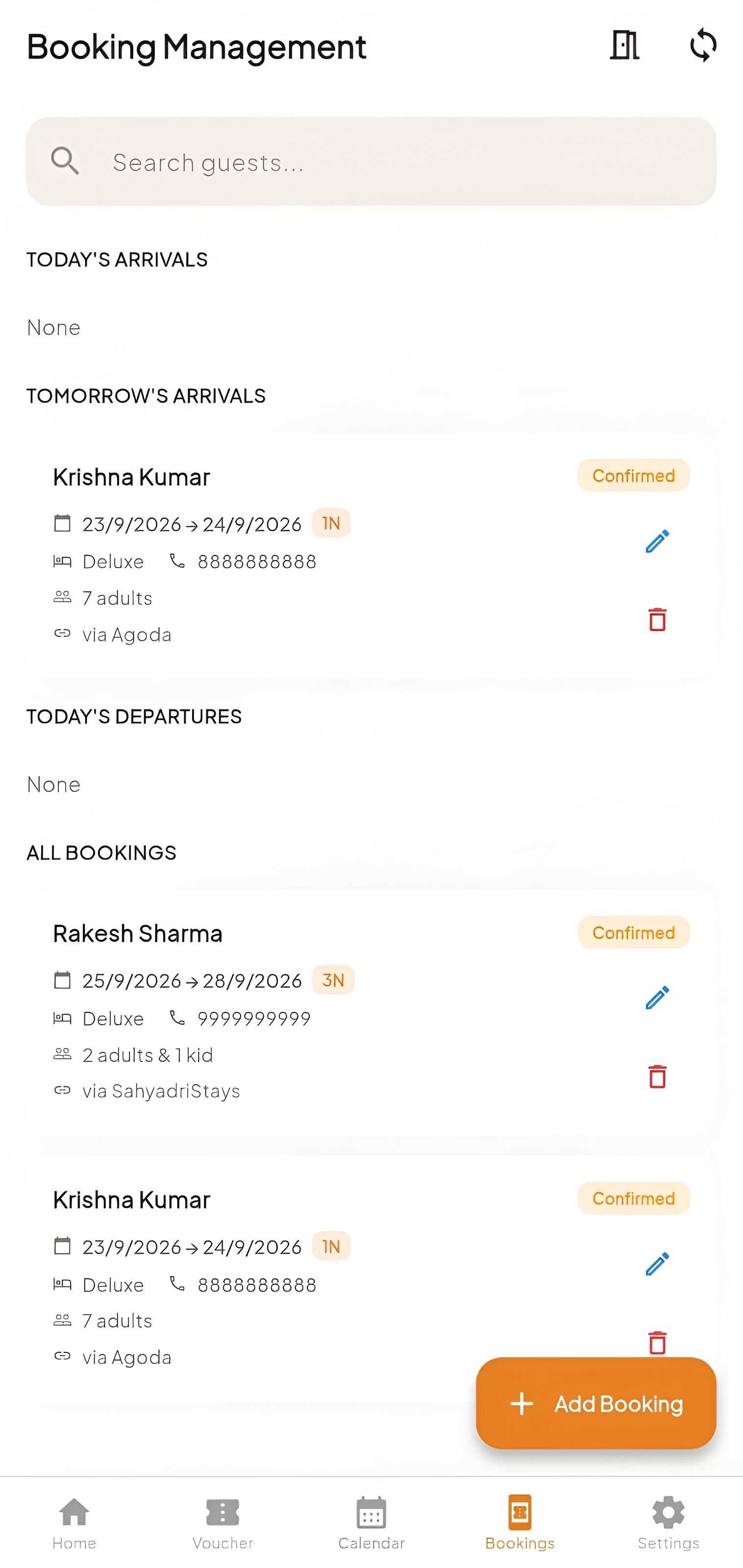 HostSS booking screen: month calendar and the day's guest bookings