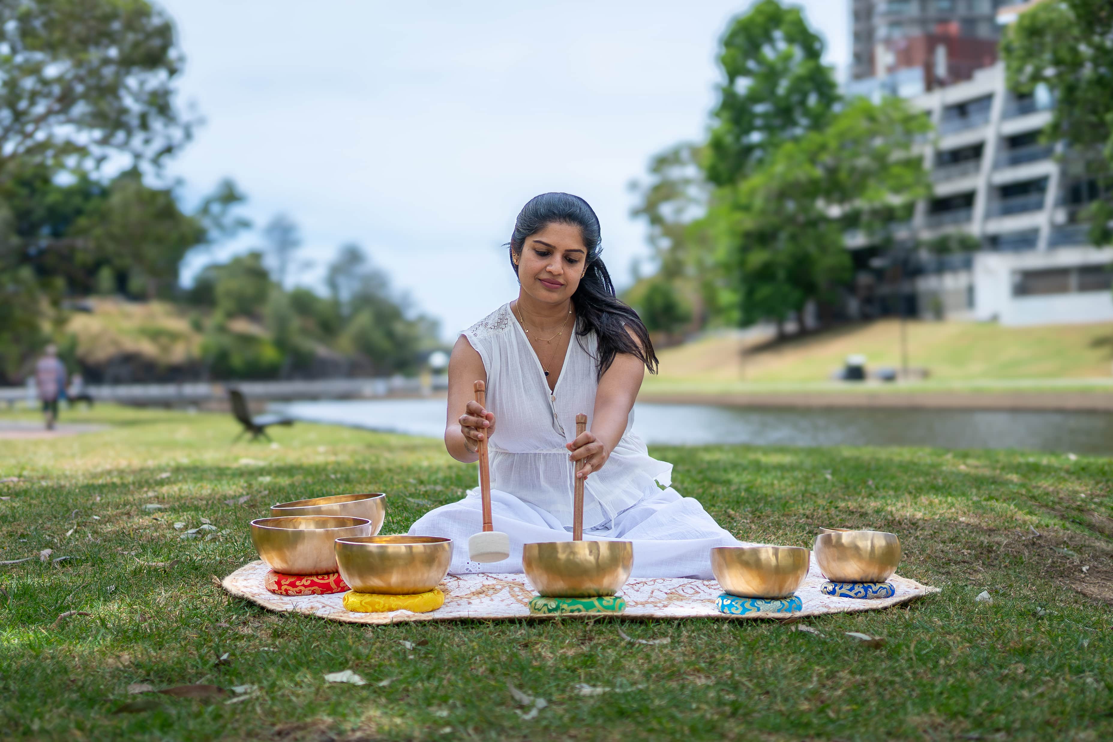 Himalayan singing bowls in a studio setting